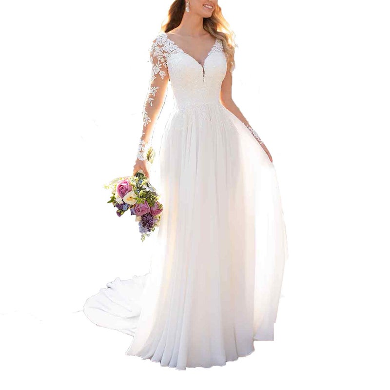 Findlovewedding فستان زفاف Findlovewedding للعروس مع تطبيقات الدانتيل فستان شيفون A Line للنساء بأكمام طويلة فستان عروس شاطئي US 2 أبيض مائل إلى البياض - Image 1